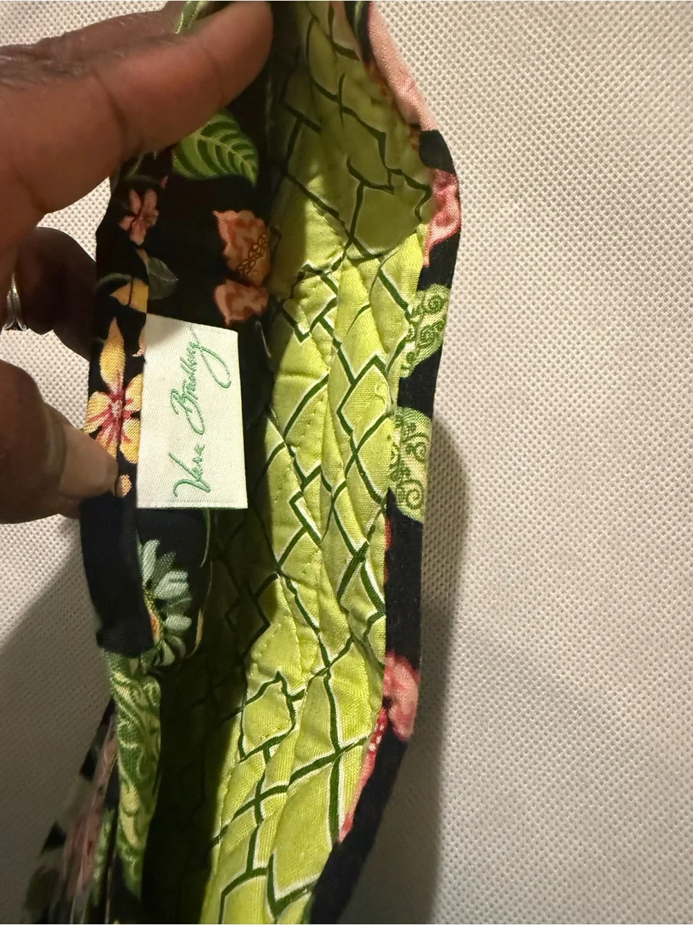 Floral Quilted Fold-Over Wallet - Black with Green & Pink Accents